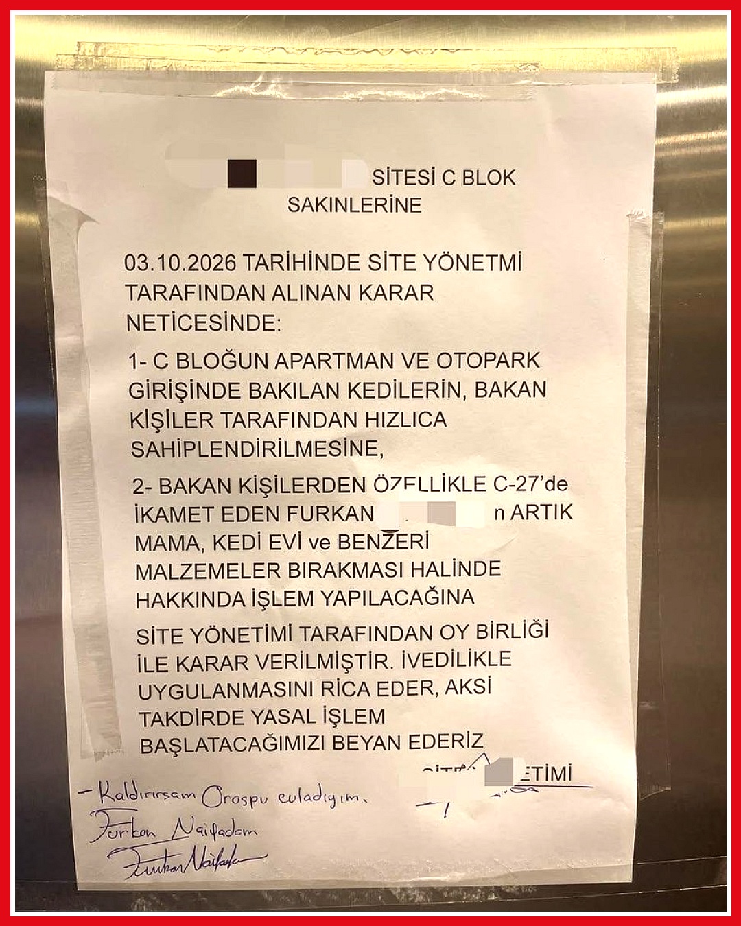 Site girişinde kedilere bakım uyarısı asıldı, evcil hayvan