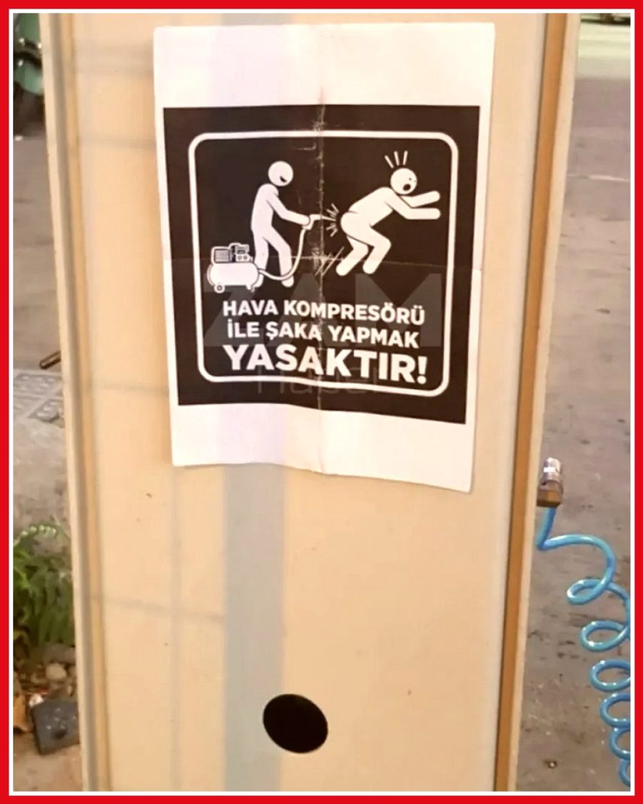 Benzinlikte hava kompresörüne asılan uyarı yazısı dikkat çekti