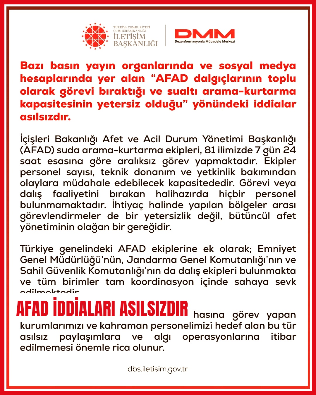 AFAD dalgıçlarının görevi bıraktığına dair iddiaların asılsız olduğu